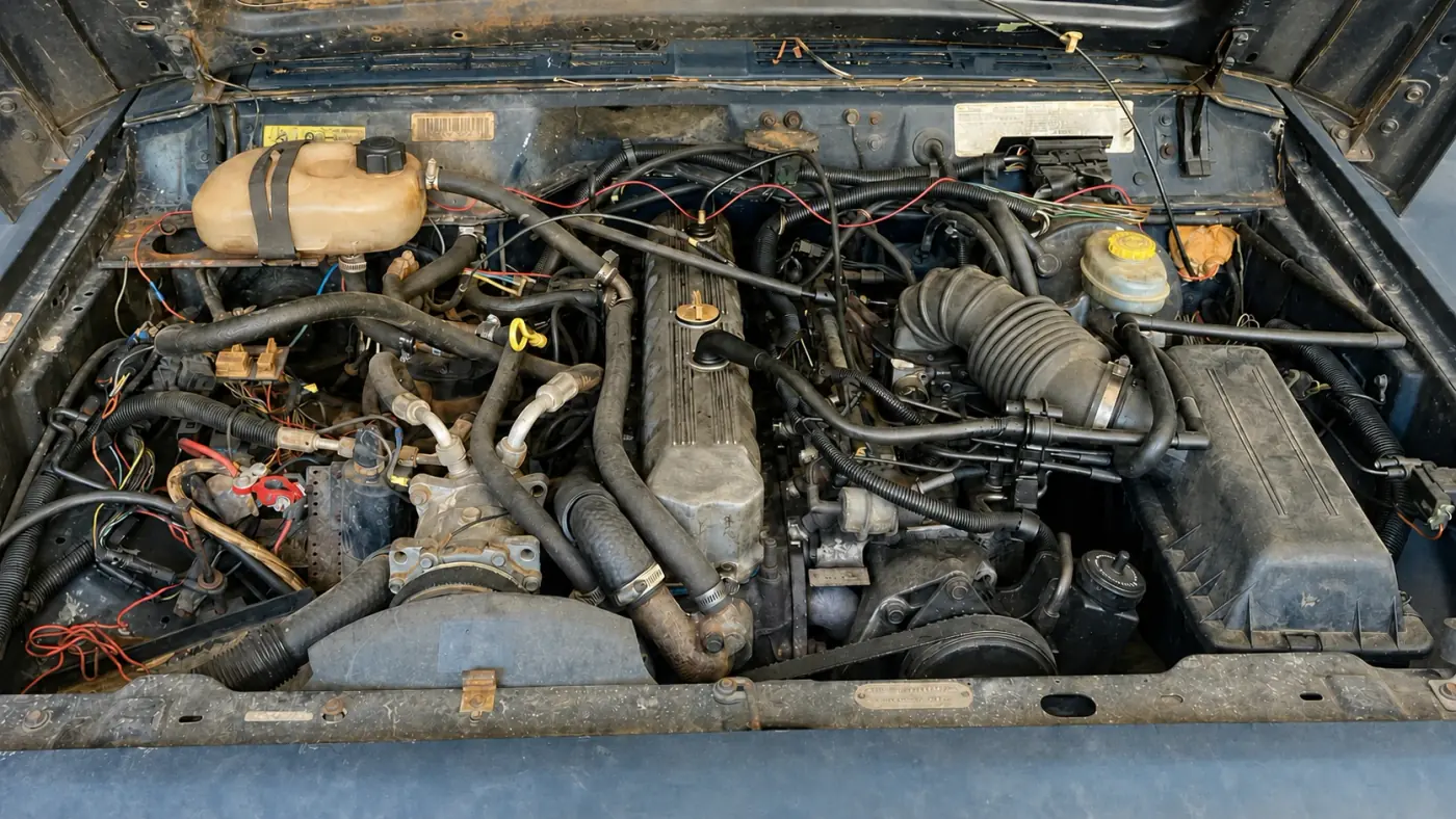 Engine bay with the engine, hoses and air intake installed