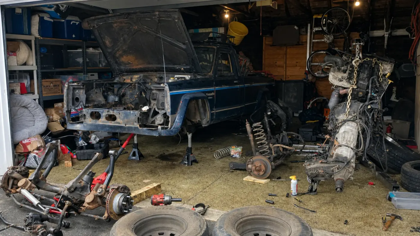Jeep on jack stands in a garage with the engine, transmission and axle removed and parts on the floor