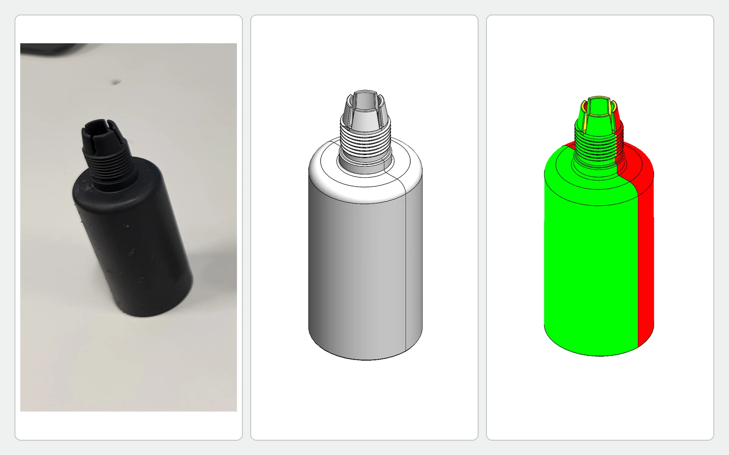 Three panels of the injection-molded float: a photo of the black molded part, a gray 3D model, and the same model shaded green and red for comparison