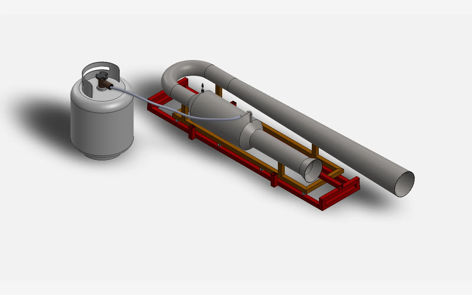 SolidWorks render of the pulse jet engine on its frame, connected to a propane tank by a fuel line